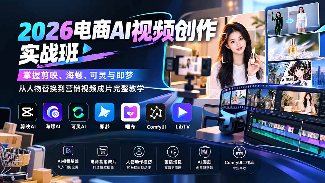 2026电商AI视频创作实战班：掌握剪映、海螺、可灵与即梦，从人物替换到营销视频成片完整教学网赚项目-副业赚钱-互联网创业-资源整合老八网赚资源