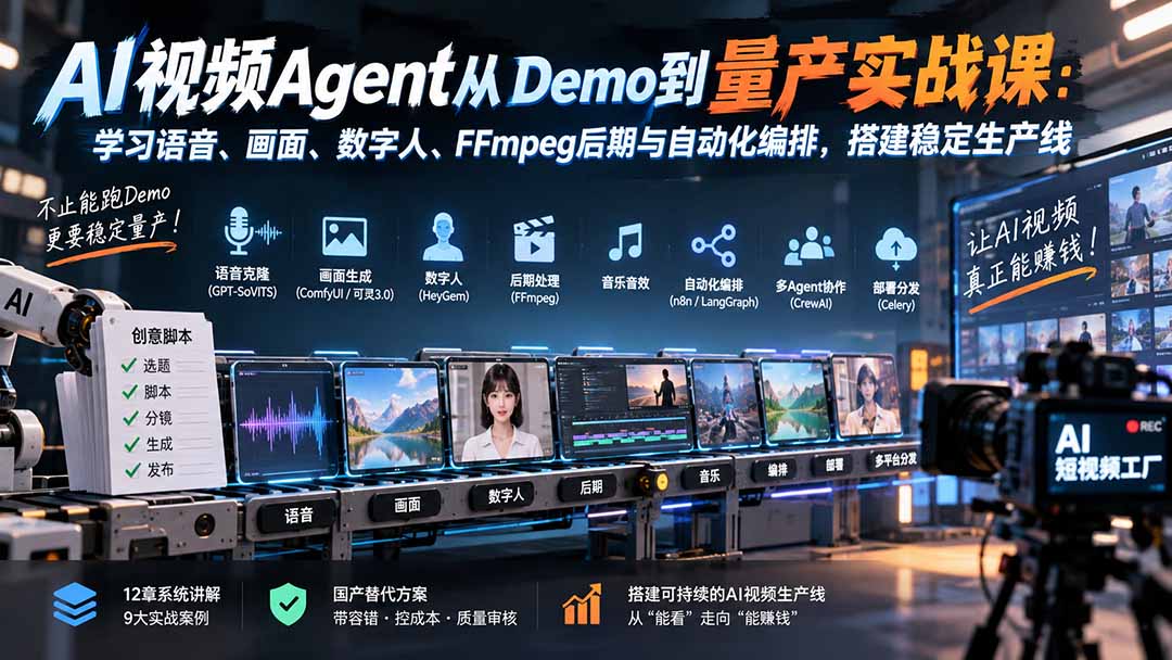 1344f302037ba3eee4b41bce4993ca3e.jpeg AI视频Agent从Demo到量产实战课:学习语音、画面、数字人、FFmpeg后期与自动化编排,搭建稳定生产线