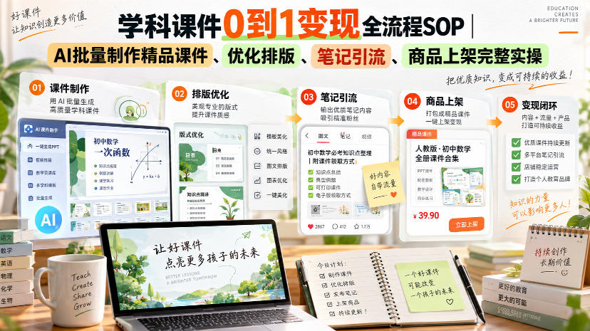 2332f6bcf8c0de9c293f2494ae620b5c.jpeg 学科课件0到1变现全流程SOP|AI批量制作精品课件、优化排版、笔记引流、商品上架完整实操