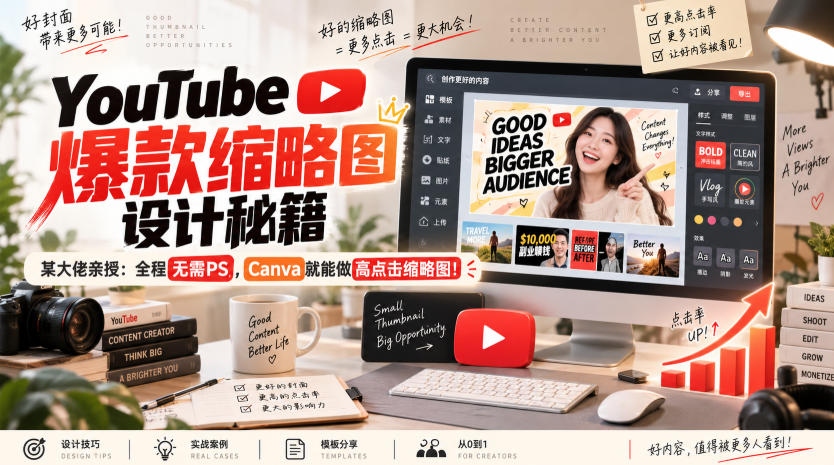 YouTube爆款缩略图设计秘籍，某油管大佬(610万订阅者)亲授，全程无需PS，Canva就能做高点击缩略图！【原创双语字幕】网赚项目-副业赚钱-互联网创业-资源整合老八网赚资源