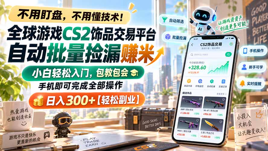 全球游戏CS2饰品交易平台自动批量捡漏赚米，小白轻松入门，包教包会，手机即可完成全部操作，日入300+【轻松副业】网赚项目-副业赚钱-互联网创业-资源整合老八网赚资源