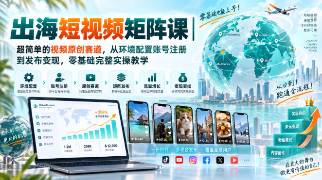 出海短视频矩阵课｜超简单的视频原创赛道，从环境配置账号注册到发布变现，零基础完整实操教学网赚项目-副业赚钱-互联网创业-资源整合老八网赚资源
