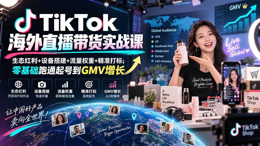 TikTok海外直播带货实战课｜生态红利+设备搭建+流量权重+精准打标，零基础跑通起号到GMV增长网赚项目-副业赚钱-互联网创业-资源整合老八网赚资源