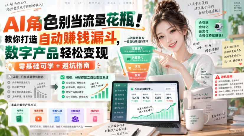 AI角色别当流量花瓶！教你打造自动賺钱漏斗，数字产品轻松变现(零基础可学+避坑指南)【原创双语字幕】网赚项目-副业赚钱-互联网创业-资源整合老八网赚资源