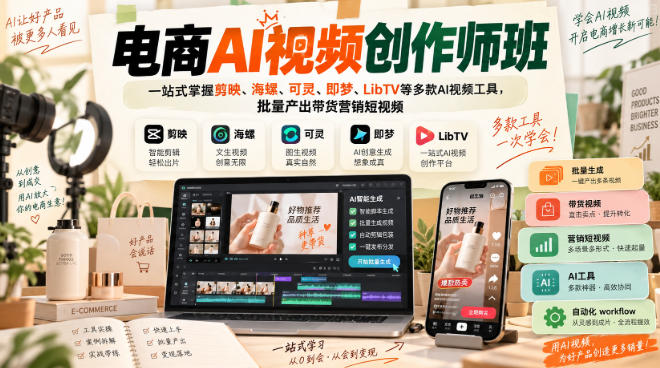 电商AI视频创作师班，一站式掌握剪映、海螺、可灵、即梦、LibTV等多款AI视频工具，批量产出带货营销短视频网赚项目-副业赚钱-互联网创业-资源整合老八网赚资源