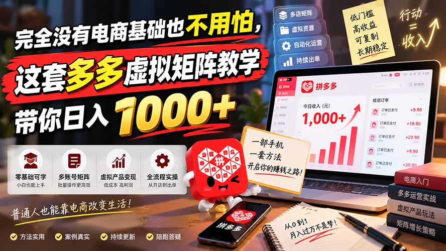 完全没有电商基础也不用怕，这套多多虚拟矩阵教学带你日入 1000+网赚项目-副业赚钱-互联网创业-资源整合老八网赚资源