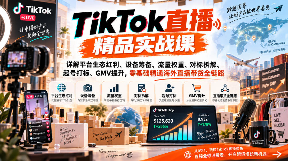 TikTok直播精品实战课，详解平台生态红利、设备筹备、流量权重、对标拆解、起号打标、GMV提升，零基础精通海外直播带货全链路网赚项目-副业赚钱-互联网创业-资源整合老八网赚资源