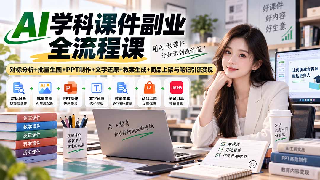 dd336fe1395794c7a9ae4b26f691820e.jpeg AI学科课件副业全流程课|对标分析+批量生图+PPT制作+文字还原+教案生成+商品上架与笔记引流变现