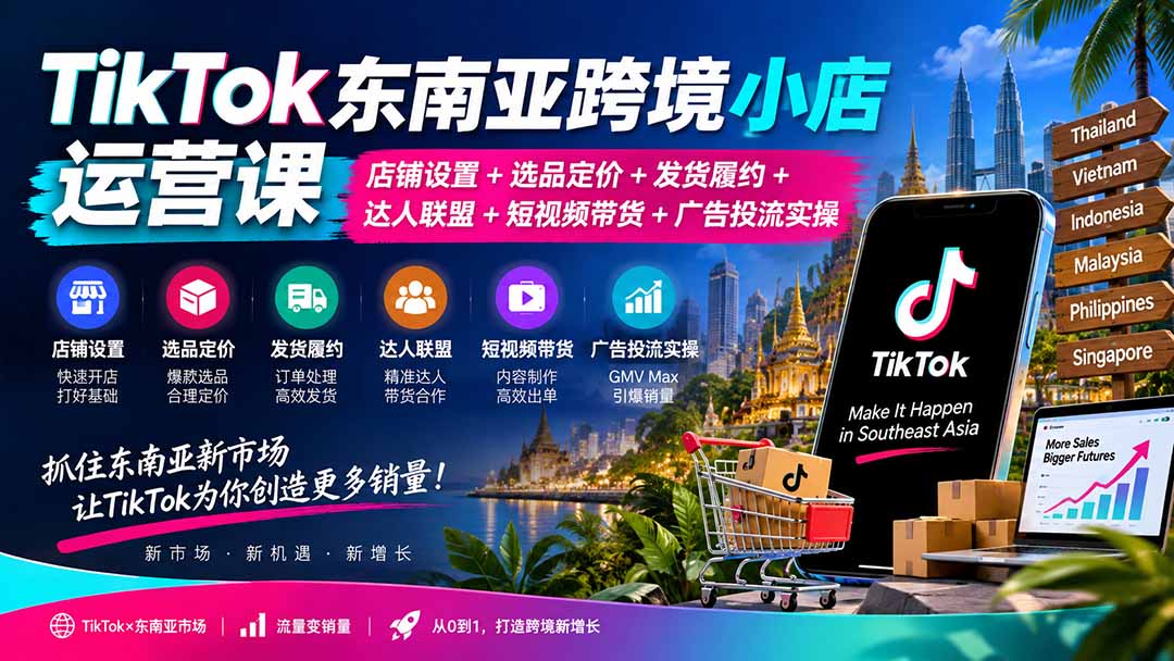 TikTok东南亚跨境小店运营课：店铺设置+选品定价+发货履约+达人联盟+短视频带货+广告投流实操网赚项目-副业赚钱-互联网创业-资源整合老八网赚资源
