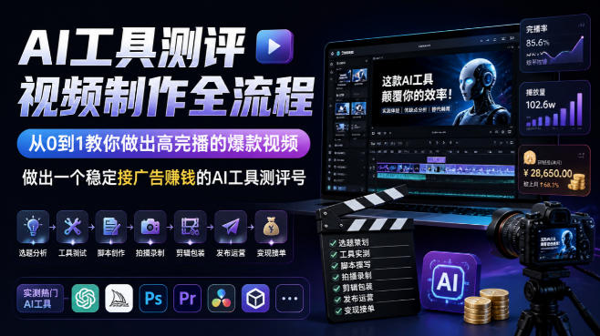 126c0a84019f9a35500dfe7735bc8e55.jpeg AI工具测评视频制作全流程,从0到1教你做出高完播的爆款视频,做出一个稳定接广告賺钱的AI工具测评号