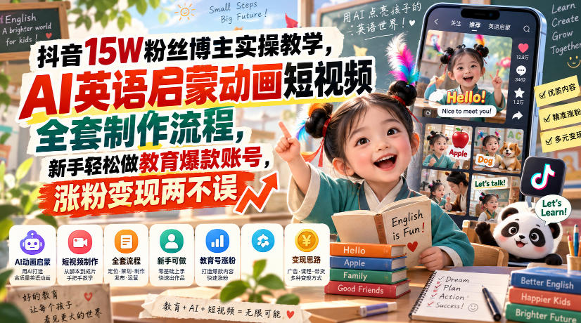 抖音15W粉丝博主实操教学，AI英语启蒙动画短视频全套制作流程，新手轻松做教育爆款账号，涨粉变现两不误网赚项目-副业赚钱-互联网创业-资源整合老八网赚资源