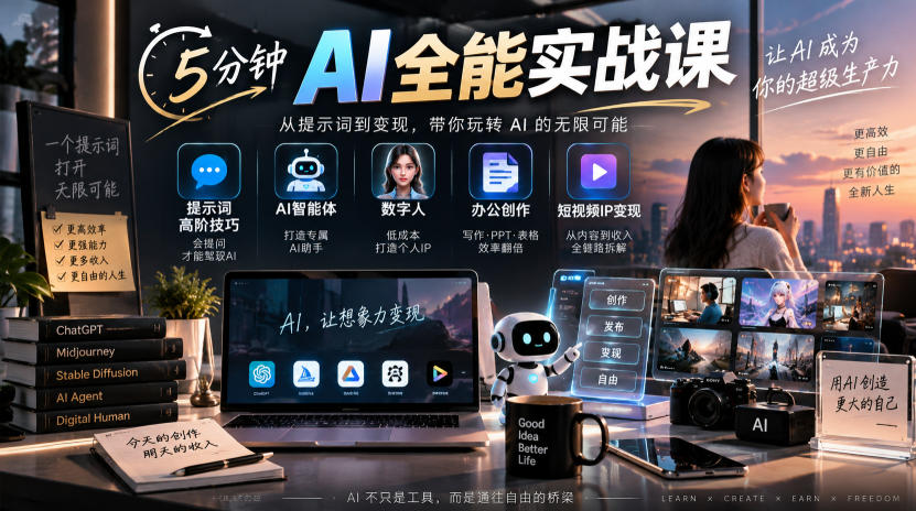 5分钟AI全能实战课｜提示词高阶技巧+AI智能体+数字人+办公创作+短视频IP变现全教程网赚项目-副业赚钱-互联网创业-资源整合老八网赚资源