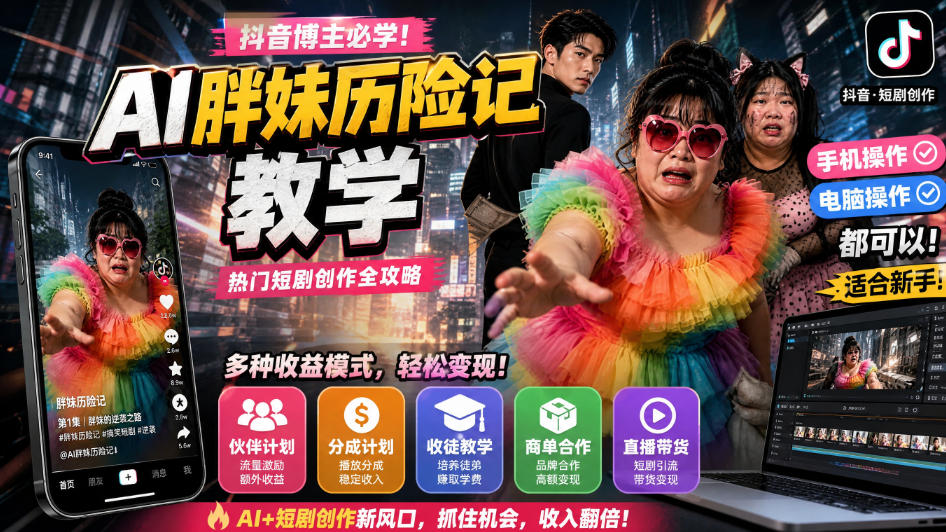 167b3a0bc1dc12ca6934f48d52f3b064.jpeg 抖音博主的AI胖妹历险记教学,伙伴计划+分成计划+收徒+商单等多种收益,适合新手,手机电脑都可以操作