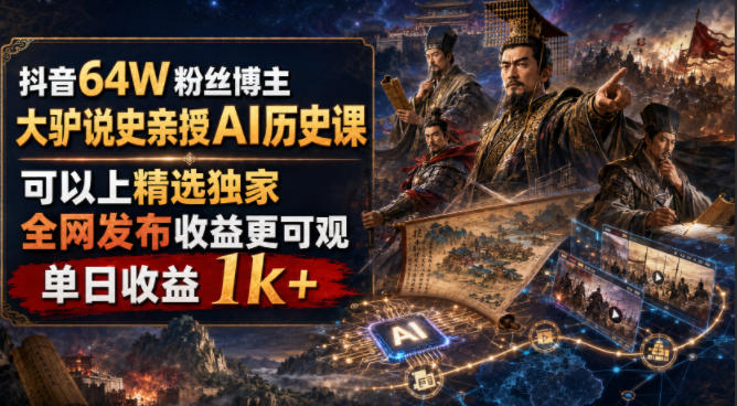 抖音64W粉丝博主大驴说史亲授AI历史课，可以上精选独家，全网发布收益更可观，单日收益1k+(更新)网赚项目-副业赚钱-互联网创业-资源整合老八网赚资源