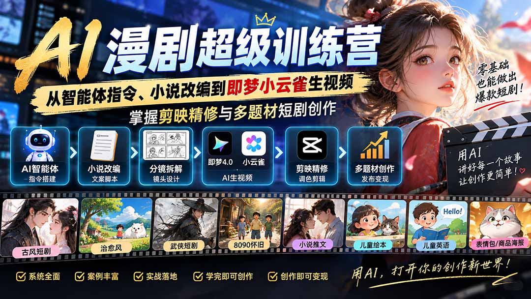 3fa46a41f74814c47d0f2e8b68dad374.jpeg AI漫剧超级特训营:从智能体指令、小说改编到即梦小云雀生视频,掌握剪映精修与多题材短剧创作