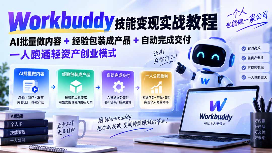 4fa5132f9e0cd0ec65708de170c72c07.jpeg Workbuddy技能变现实战教程:AI批量做内容+经验包装成产品+自动完成交付,一人跑通轻资产创业模式