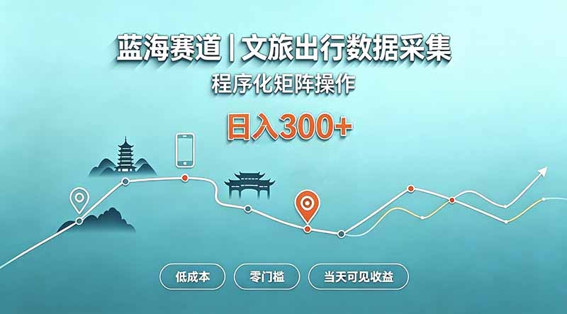蓝海赛道  文旅出行数据采集  程序化矩阵操作    低成本  零门槛   当天可见收益   日入300+网赚项目-副业赚钱-互联网创业-资源整合老八网赚资源