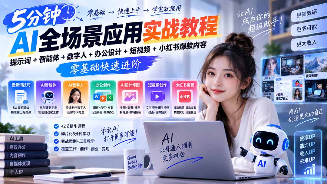 57d7f8a8a92e2e07527655d37a03946e.jpeg AI全场景应用实战教程|提示词+智能体+数字人+办公设计+短视频+小红书爆款内容,零基础快速进阶
