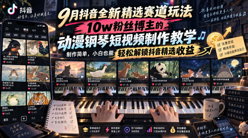 9月抖音全新精选赛道玩法，10w粉丝博主的动漫钢琴短视频制作教学，制作简单，小白也能轻松解锁抖音精选收益网赚项目-副业赚钱-互联网创业-资源整合老八网赚资源