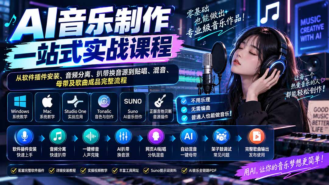 65f4a6c7a123dfe67e269e5c76e3d685.jpeg AI音乐制作一站式实战课程:从软件插件安装、音频分离、扒带换音源到贴唱、混音、母带及歌曲成品完整流程