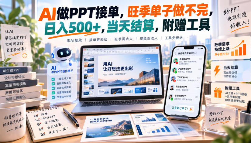 AI做PPT接单，旺季单子做不完，日入500+，当天结算，附赠工具【揭秘】网赚项目-副业赚钱-互联网创业-资源整合老八网赚资源