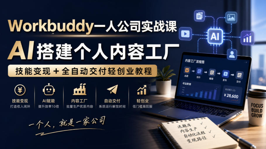 Workbuddy一人公司实战课，AI搭建个人内容工厂，技能变现+全自动交付轻创业教程​网赚项目-副业赚钱-互联网创业-资源整合老八网赚资源