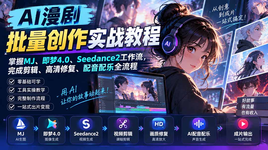 AI漫剧批量创作实战教程：掌握MJ、即梦4.0、Seedance2工作流，完成剪辑、高清修复、配音配乐全流程网赚项目-副业赚钱-互联网创业-资源整合老八网赚资源
