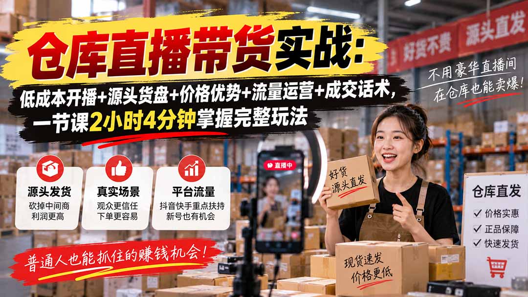 bae72d314747bfebafec5e22f49bb60c.jpeg 仓库直播带货实战:低成本开播+源头货盘+价格优势+流量运营+成交话术,一节课2小时4分钟掌握完整玩法