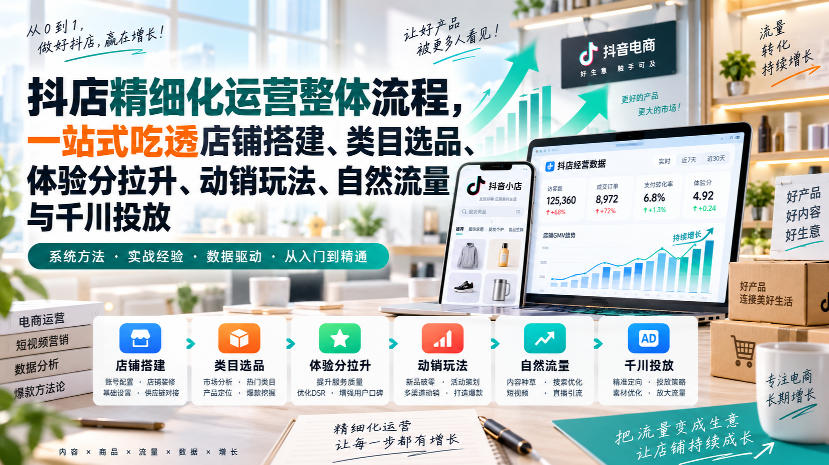 李哥电商-抖店精细化运营整体流程，一站式吃透店铺搭建、类目选品、体验分拉升、动销玩法、自然流量与千川投放网赚项目-副业赚钱-互联网创业-资源整合老八网赚资源