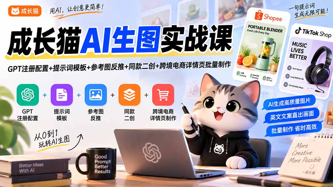 成长猫AI生图实战课｜GPT注册配置+提示词模板+参考图反推+同款二创+跨境电商详情页批量制作网赚项目-副业赚钱-互联网创业-资源整合老八网赚资源