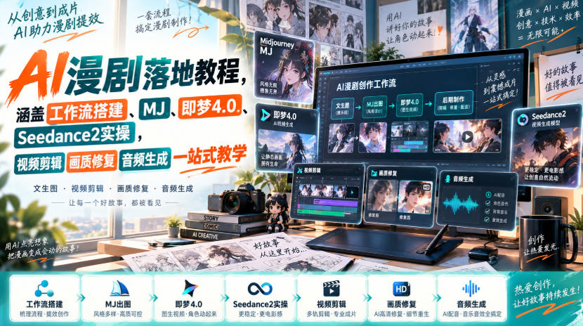 AI漫剧落地教程，涵盖工作流搭建、MJ、即梦4.0、Seedance2实操，视频剪辑画质修复音频生成一站式教学网赚项目-副业赚钱-互联网创业-资源整合老八网赚资源