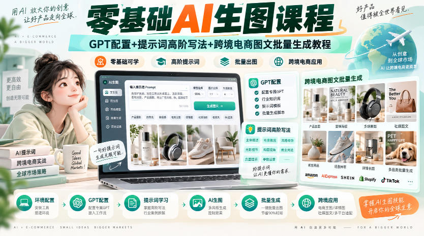 零基础AI生图课程，GPT配置+提示词高阶写法+跨境电商图文批量生成教程网赚项目-副业赚钱-互联网创业-资源整合老八网赚资源