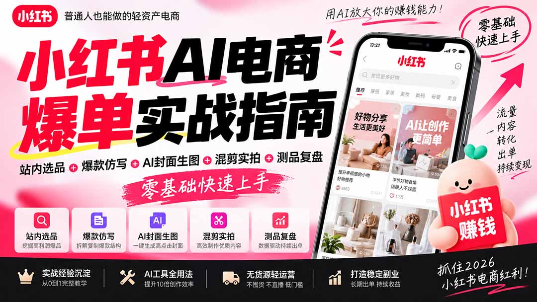 005f812c55cffce8991673f6a52297b0.jpeg 2026小红书AI电商爆单实战指南:站内选品+爆款仿写+AI封面生图+混剪实拍+测品复盘,零基础快速上手