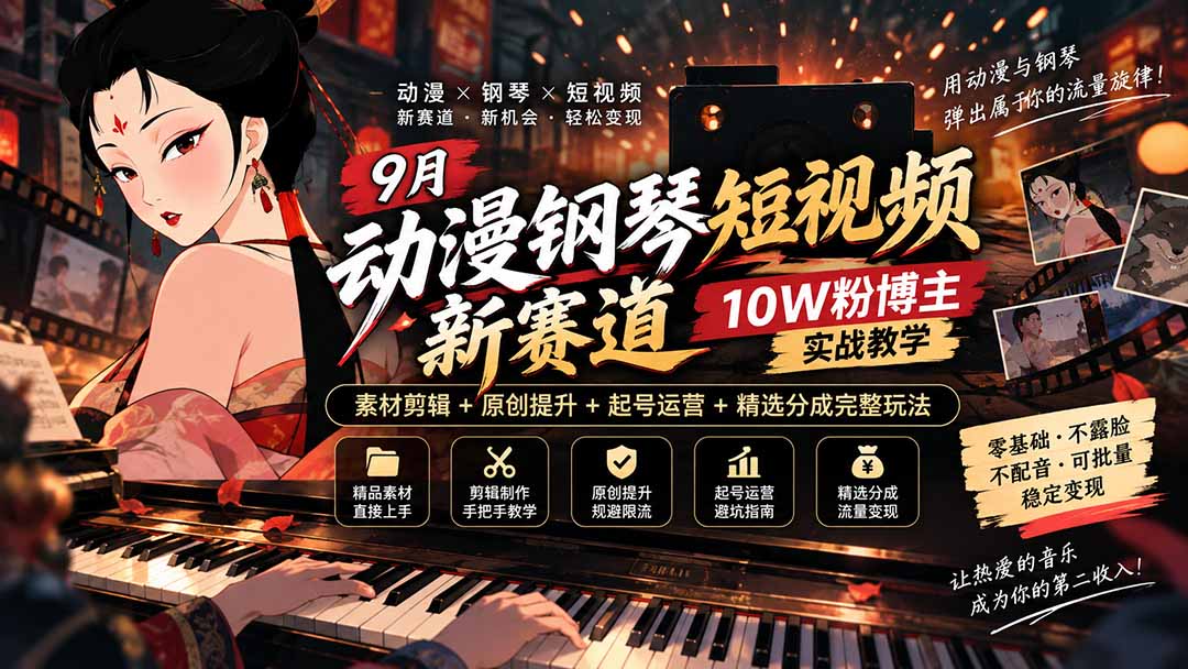 164fbdcc2738554b906cb1c053e0f837.jpeg 9月动漫钢琴短视频新赛道|10W粉博主实战教学,素材剪辑+原创提升+起号运营+精选分成完整玩法
