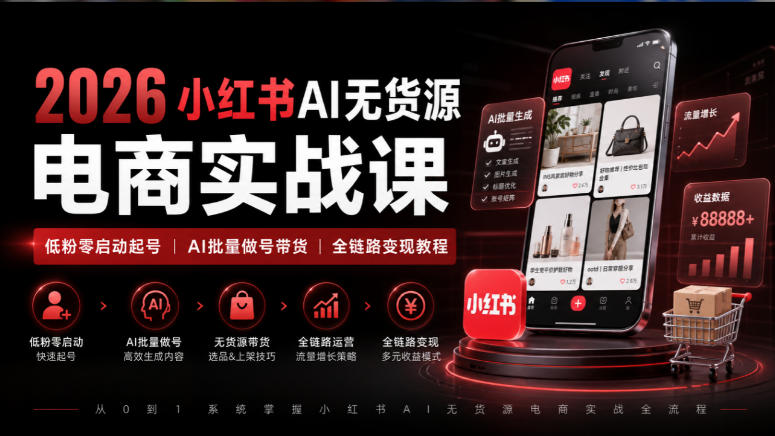 2026小红书AI无货源电商实战课｜低粉零启动起号｜AI批量做号带货全链路变现教程网赚项目-副业赚钱-互联网创业-资源整合老八网赚资源