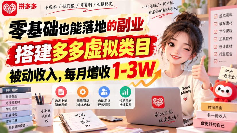 零基础也能落地的副业，搭建多多虚拟类目被动收入，每月增收1-3W【揭秘】网赚项目-副业赚钱-互联网创业-资源整合老八网赚资源