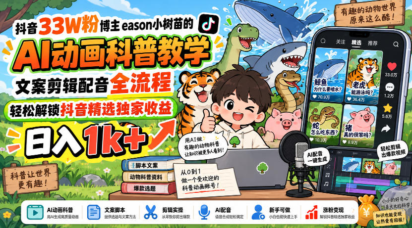 be9246880d3479647f040dc08e50de79.jpeg 抖音33W粉博主eason小树苗的AI动画科普教学,文案剪辑配音全流程,轻松解锁抖音精选独家收益,日入1k+