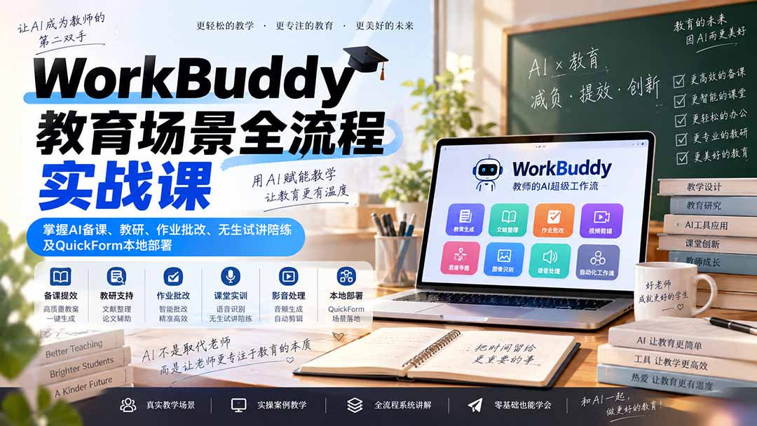 fb26ecc3f550db68107c8619c75e698d.jpeg WorkBuddy教育场景全流程实战课:掌握AI备课、教研、作业批改、无生试讲陪练及QuickForm本地部署