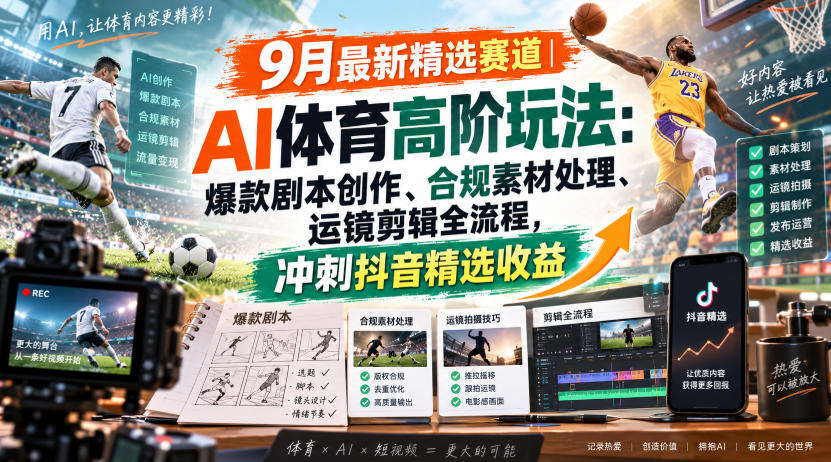 fbe3f9cda38819b7eaf49b3a442a3786.jpeg 某大佬的9月最新精选赛道之AI体育顶级玩法,爆款剧本创作、版权规避、运镜剪辑全流程,稳拿抖音精选收益