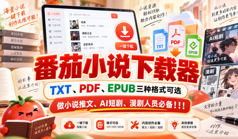 番茄小说下载器，TXT、PDF、EPUB三种格式可选，做小说推文、AI短剧、漫剧人员必备！！！网赚项目-副业赚钱-互联网创业-资源整合老八网赚资源
