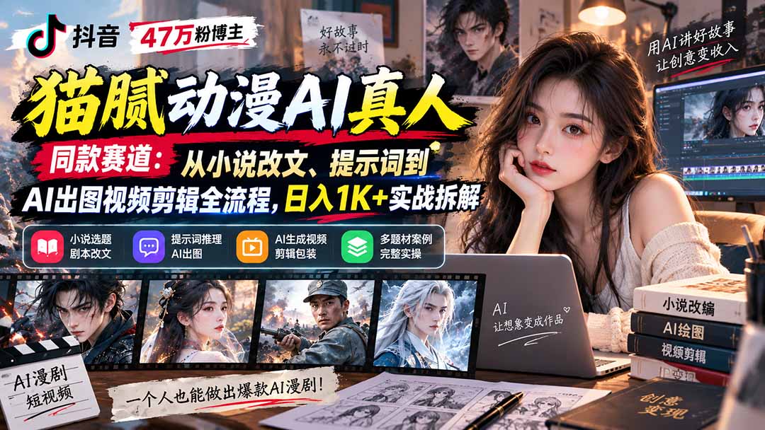 抖音47万粉博主猫腻动漫AI真人同款赛道：从小说改文、提示词到AI出图视频剪辑全流程，日入1K+实战拆解网赚项目-副业赚钱-互联网创业-资源整合老八网赚资源