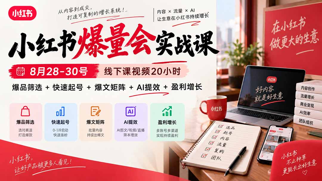 小红书爆量会实战课-更新9月17：线下课视频20小时，爆品筛选+快速起号+爆文矩阵+AI提效+盈利增长网赚项目-副业赚钱-互联网创业-资源整合老八网赚资源