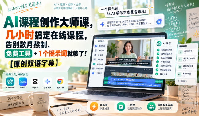 AI课程创作大师课，几小时搞定在线课程，告别数月熬制，免费工具+1个提示词就够了！【原创双语字幕】网赚项目-副业赚钱-互联网创业-资源整合老八网赚资源