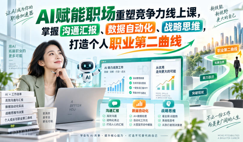 AI赋能职场重塑竞争力线上课，掌握沟通汇报、数据自动化、战略思维，打造个人职业第二曲线网赚项目-副业赚钱-互联网创业-资源整合老八网赚资源