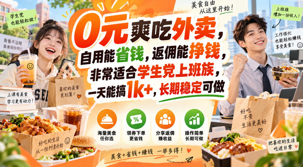 0元爽吃外卖，自用能省钱，返佣能挣钱，非常适合学生党上班族，一天能搞1k+，长期稳定可做网赚项目-副业赚钱-互联网创业-资源整合老八网赚资源