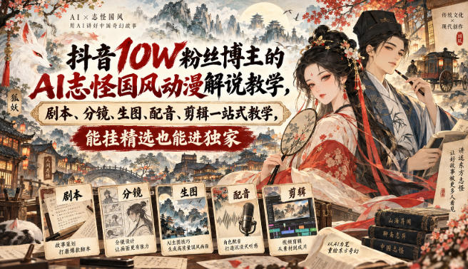 抖音10W粉丝博主满堂诡事的AI志怪国风动漫解说教学，剧本、分镜、生图、配音、剪辑一站式教学，能挂精选也能进独家​网赚项目-副业赚钱-互联网创业-资源整合老八网赚资源