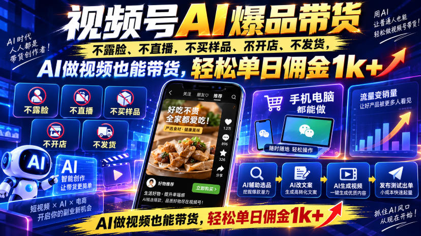 视频号Ai爆品带货，不露脸、不直播、不买样品、不开店、不发货，AI做视频也能带货，轻松单日佣金1k+网赚项目-副业赚钱-互联网创业-资源整合老八网赚资源