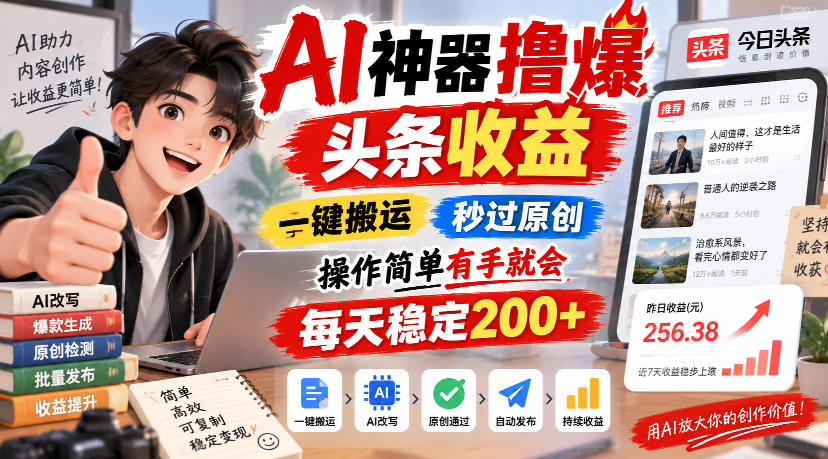 AI神器撸爆头条收益，一键搬运，秒过原创，操作简单有手就会，每天稳定200+【揭秘】网赚项目-副业赚钱-互联网创业-资源整合老八网赚资源