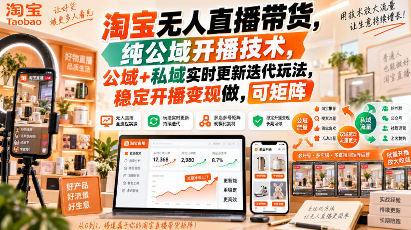 淘宝无人直播带货，纯公域开播技术，公域+私域实时更新迭代玩法，稳定开播变现做，可矩阵【揭秘】网赚项目-副业赚钱-互联网创业-资源整合老八网赚资源