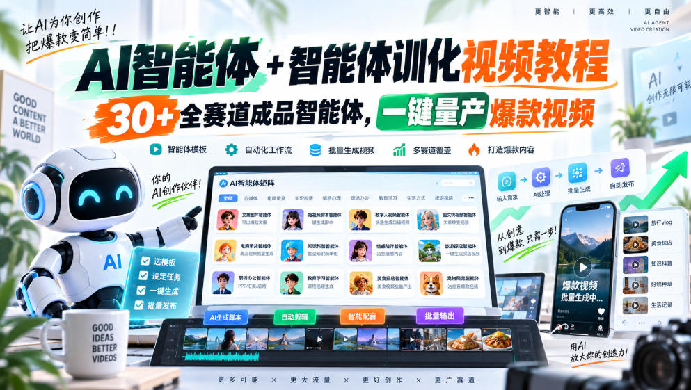 AI智能体+智能体训化视频教程，30+全赛道成品智能体，一键量产爆款视频网赚项目-副业赚钱-互联网创业-资源整合老八网赚资源
